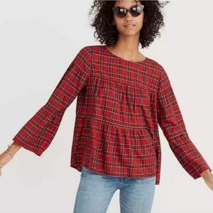 Madewell Red Plaid Tiered Button Back Swing Top Size Small